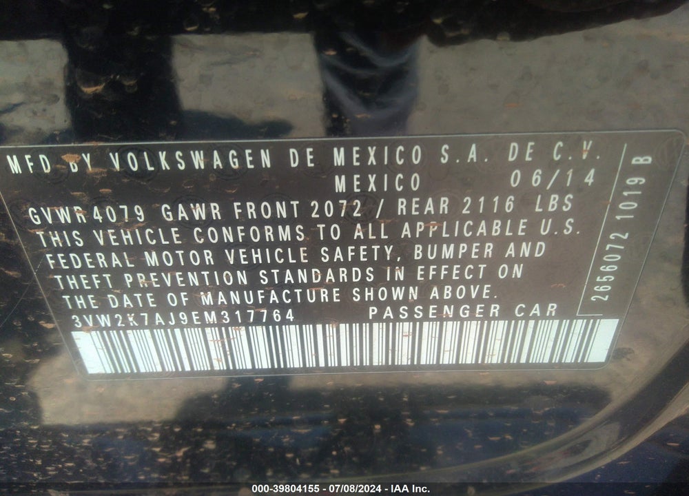 2014 VOLKSWAGEN JETTA 2.0L S VIN: 3VW2K7AJ9EM317764