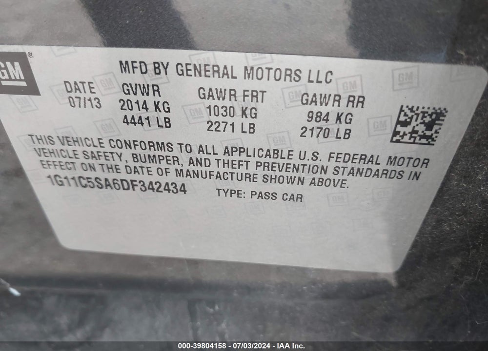 2013 CHEVROLET MALIBU 1LT VIN: 1G11C5SA6DF342434