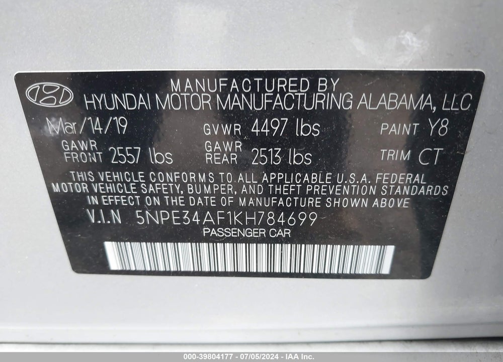 2019 HYUNDAI SONATA SPORT VIN: 5NPE34AF1KH784699