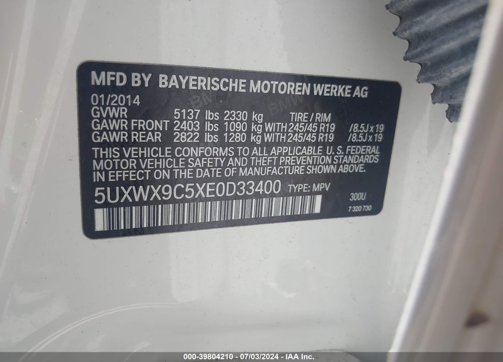 2014 BMW X3 XDRIVE28I VIN: 5UXWX9C5XE0D33400