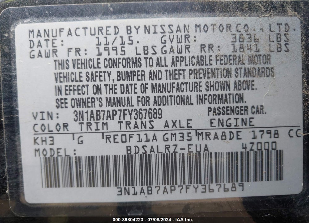 2015 NISSAN SENTRA VIN: 3N1AB7AP7FY367689