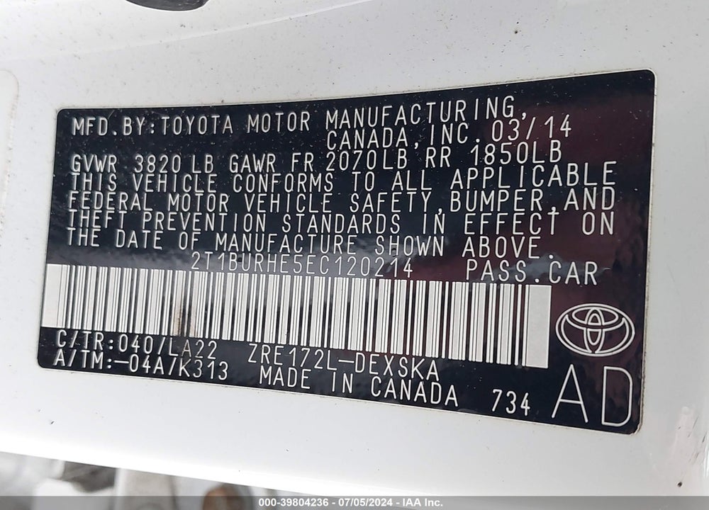 2014 TOYOTA COROLLA S PREMIUM VIN: 2T1BURHE5EC120214