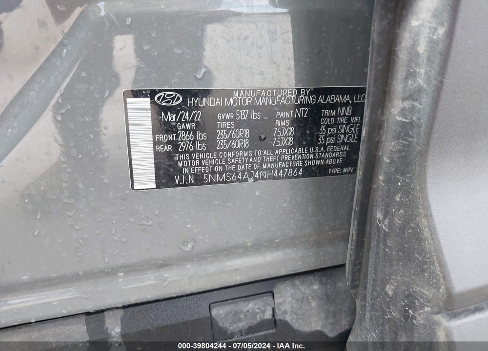 2022 HYUNDAI SANTA FE XRT VIN: 5NMS64AJ4NH447864