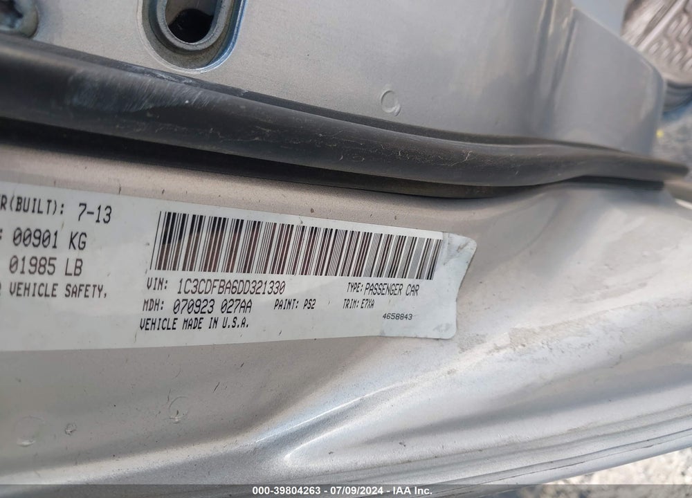 2013 DODGE DART SXT VIN: 1C3CDFBA6DD321330