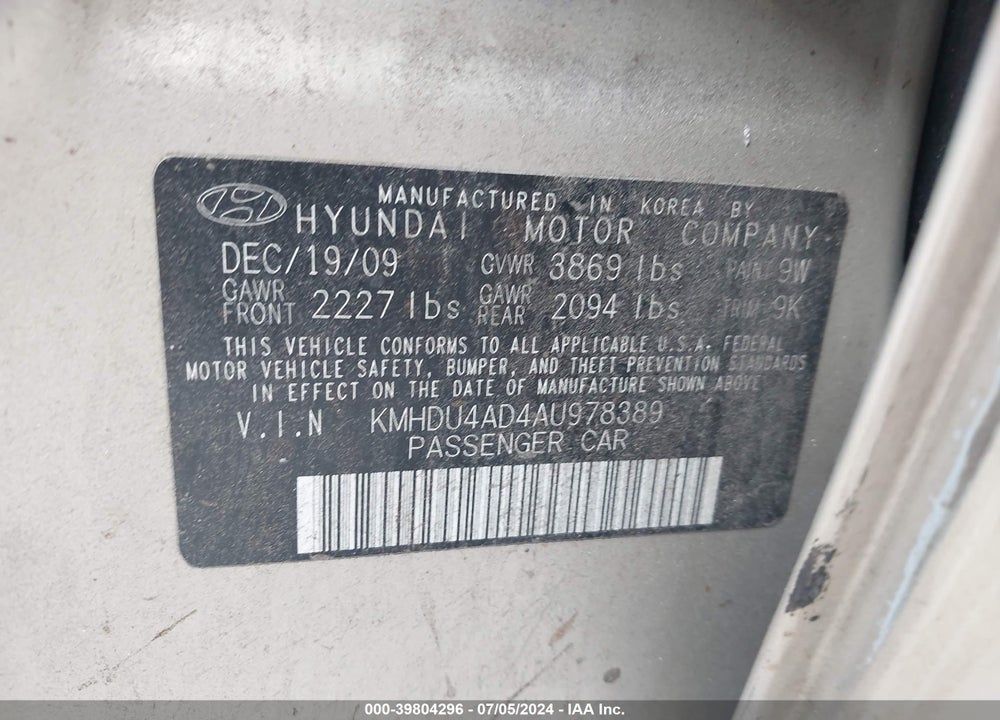 2010 HYUNDAI ELANTRA GLS VIN: KMHDU4AD4AU978389