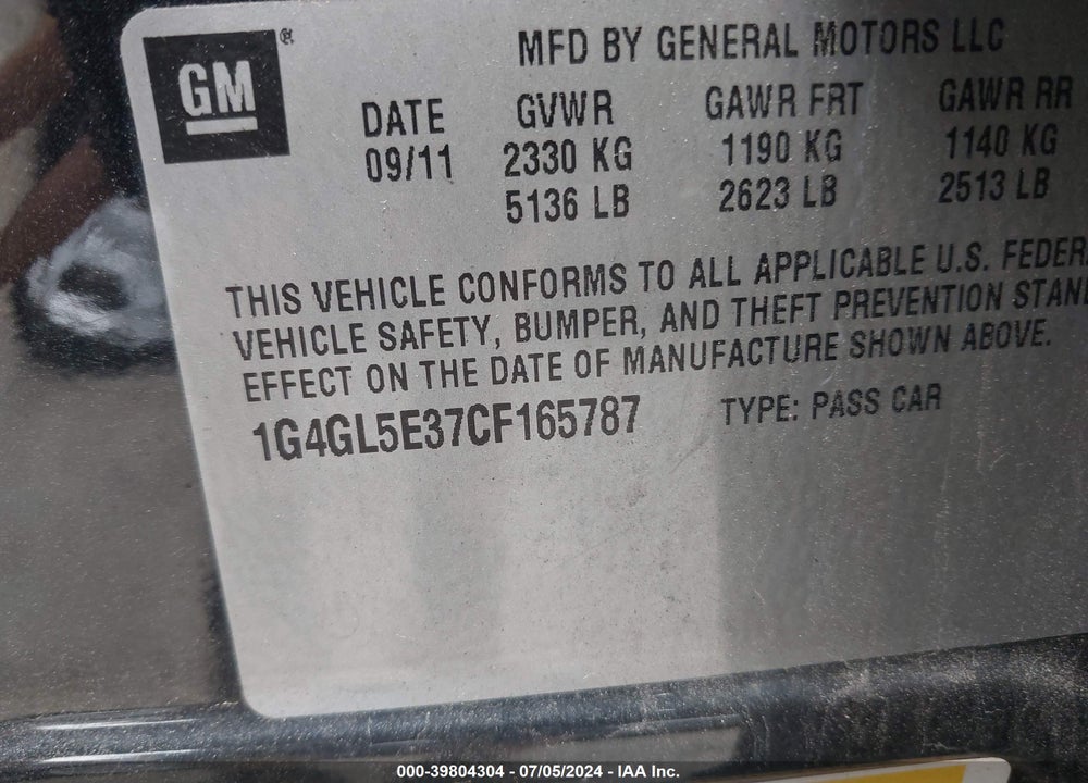 2012 BUICK LACROSSE LEATHER GROUP VIN: 1G4GL5E37CF165787