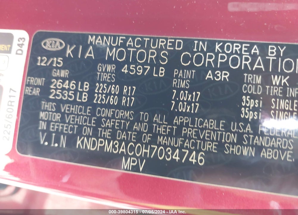 2017 KIA SPORTAGE LX VIN: KNDPM3AC0H7034746
