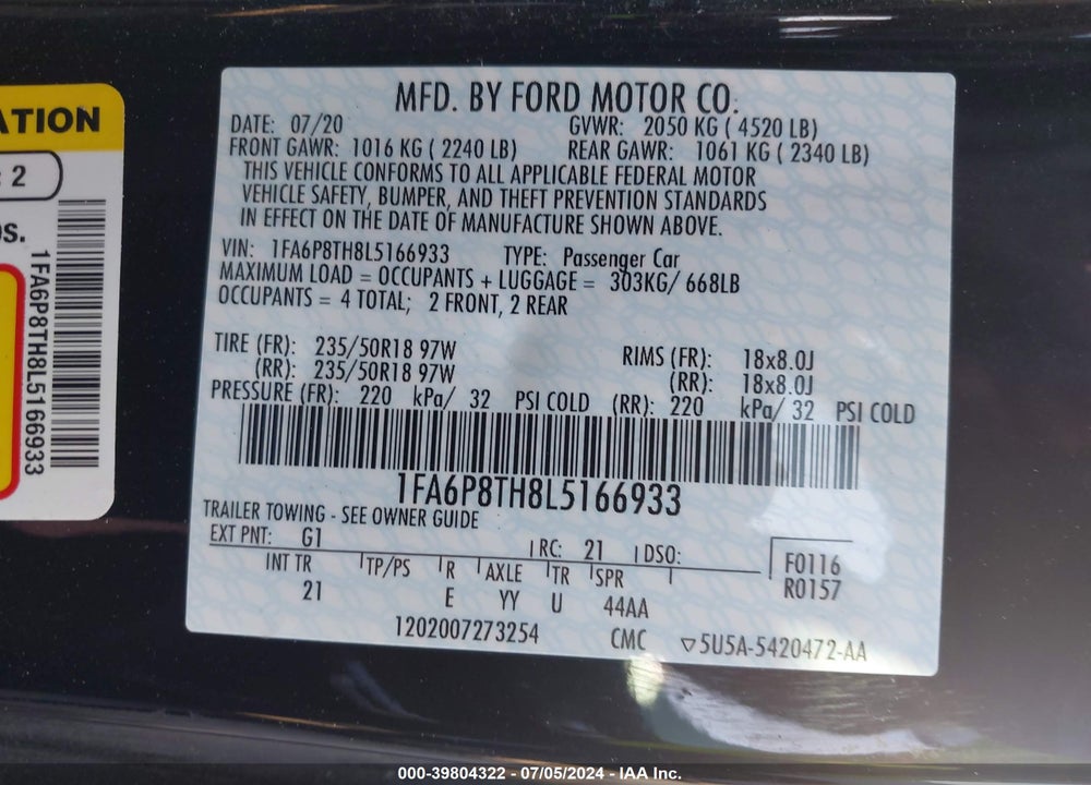 2020 FORD MUSTANG ECOBOOST FASTBACK VIN: 1FA6P8TH8L5166933