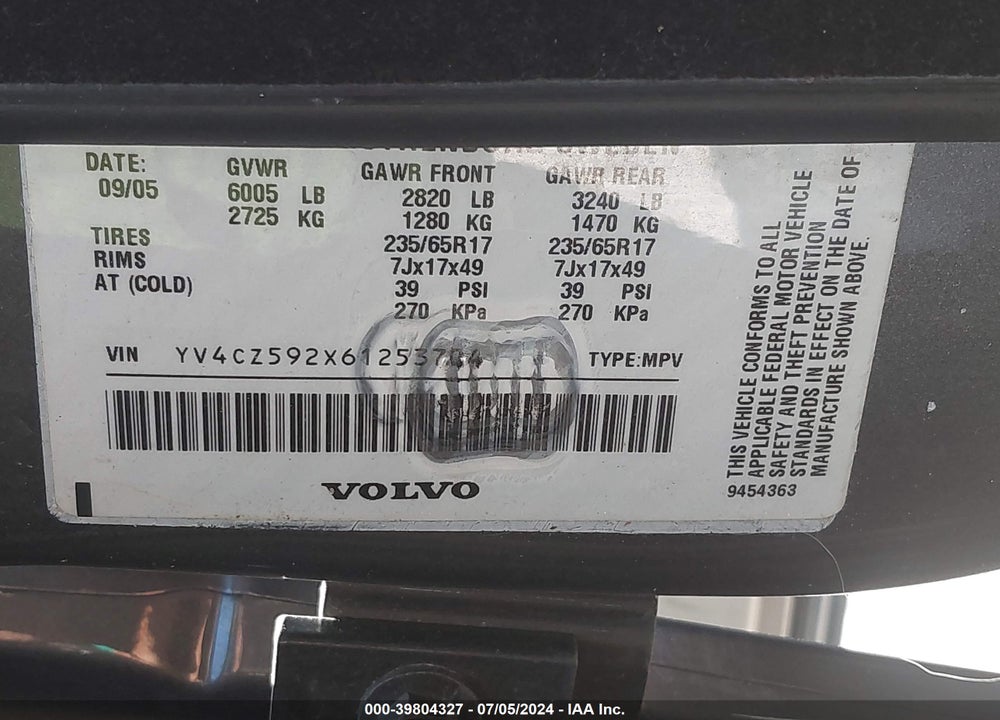 2006 VOLVO XC90 2.5T VIN: YV4CZ592X61253704