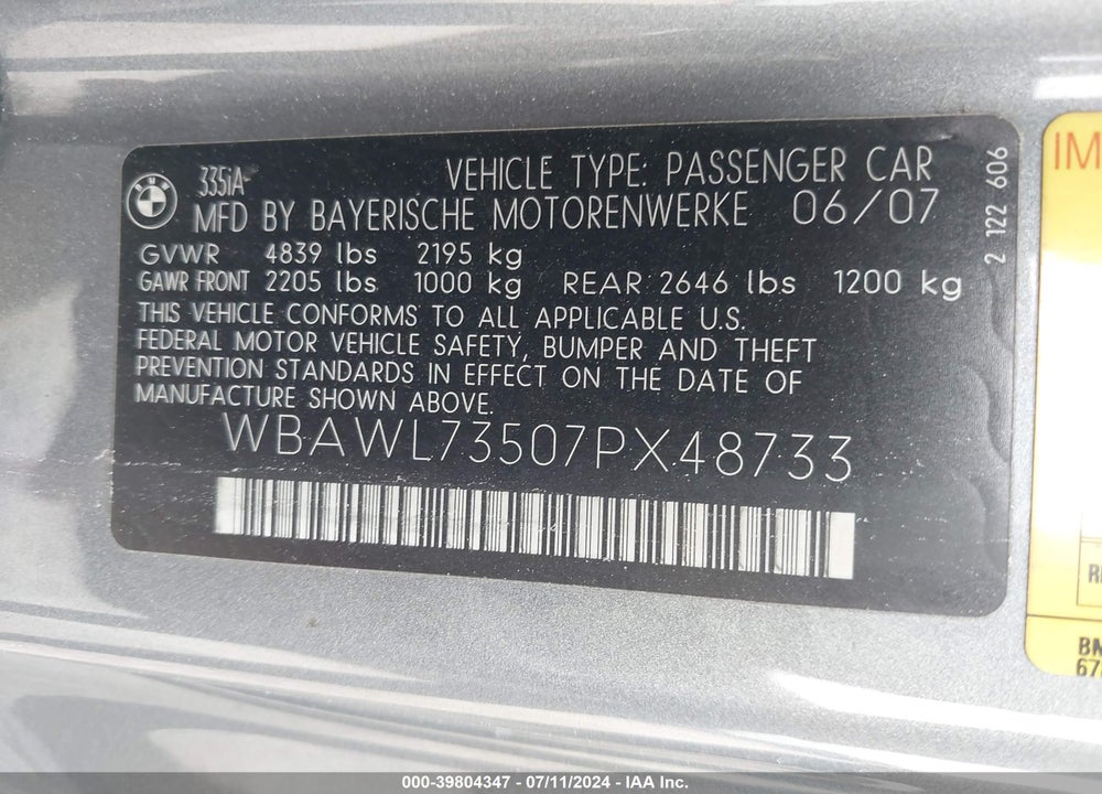 2007 BMW 335I VIN: WBAWL73507PX48733