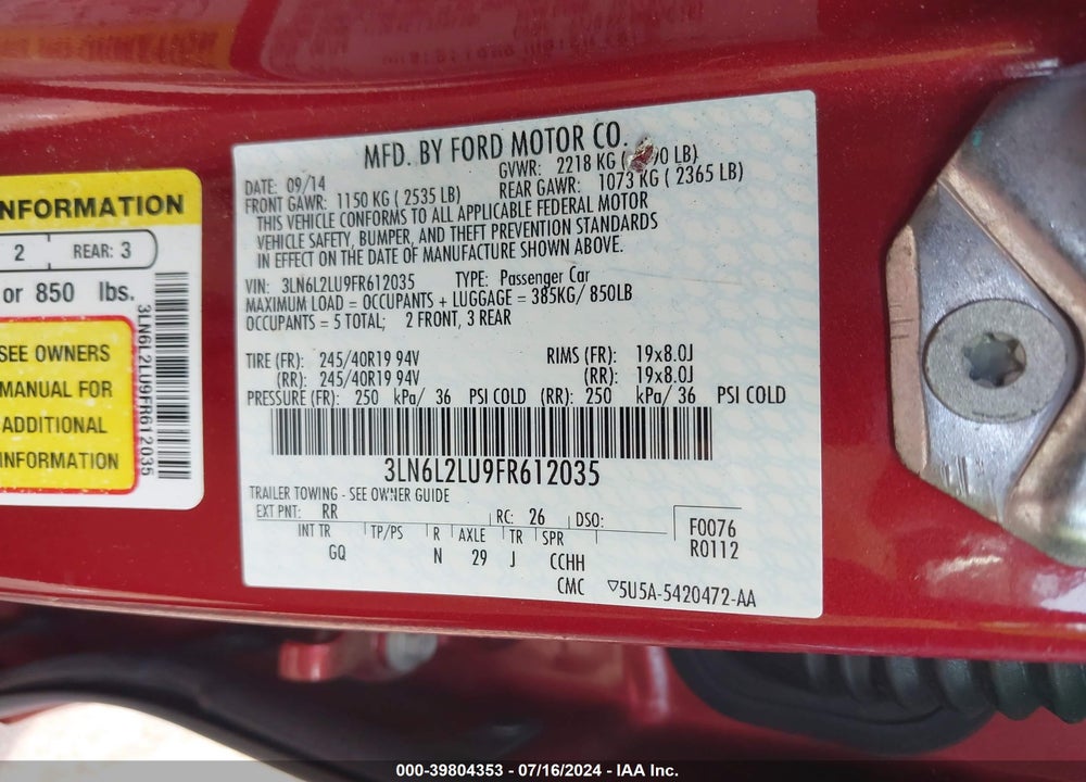 2015 LINCOLN MKZ HYBRID VIN: 3LN6L2LU9FR612035