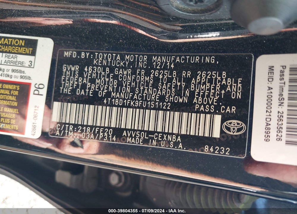 2015 TOYOTA CAMRY HYBRID VIN: 4T1BD1FK9FU151122