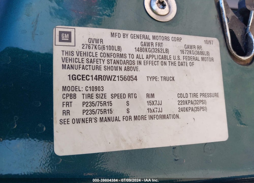 1998 CHEVROLET C1500 FLEETSIDE VIN: 1GCEC14R0WZ156054