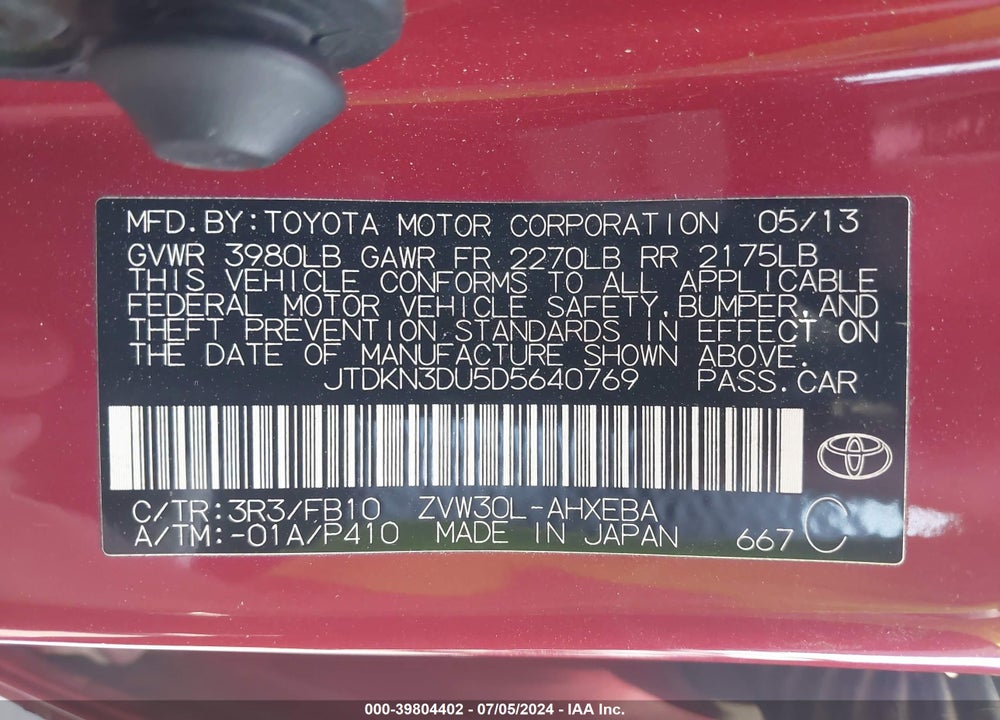 2013 TOYOTA PRIUS TWO VIN: JTDKN3DU5D5640769