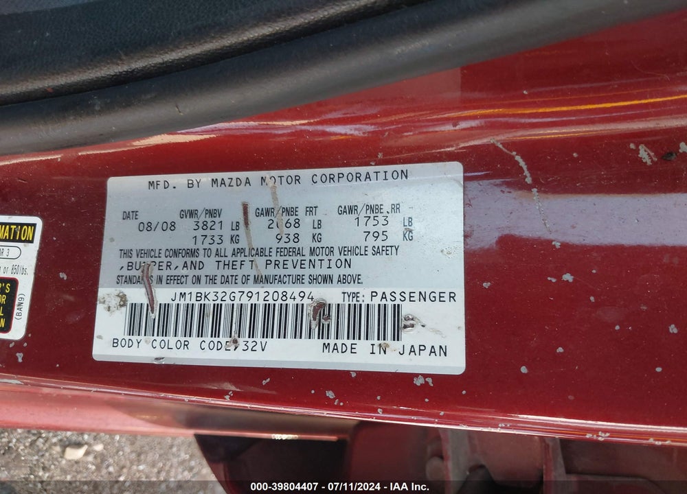 2009 MAZDA 3 I VIN: JM1BK32G791208494