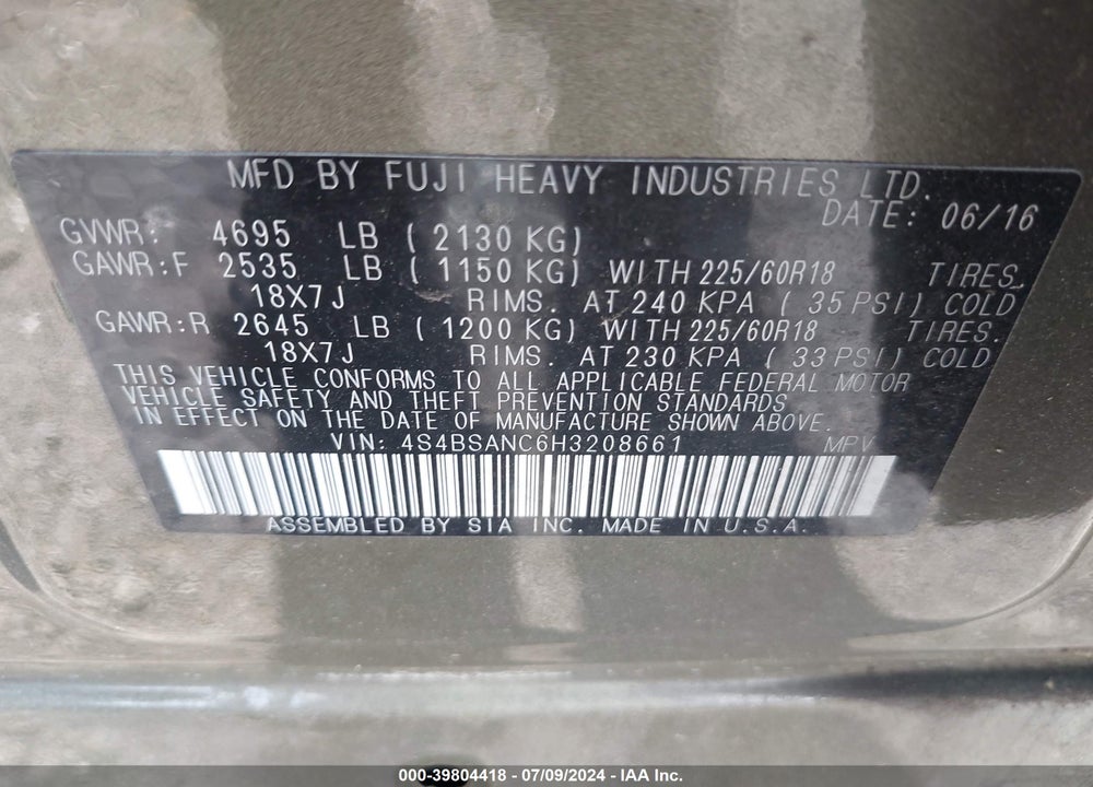 2017 SUBARU OUTBACK 2.5I LIMITED VIN: 4S4BSANC6H3208661