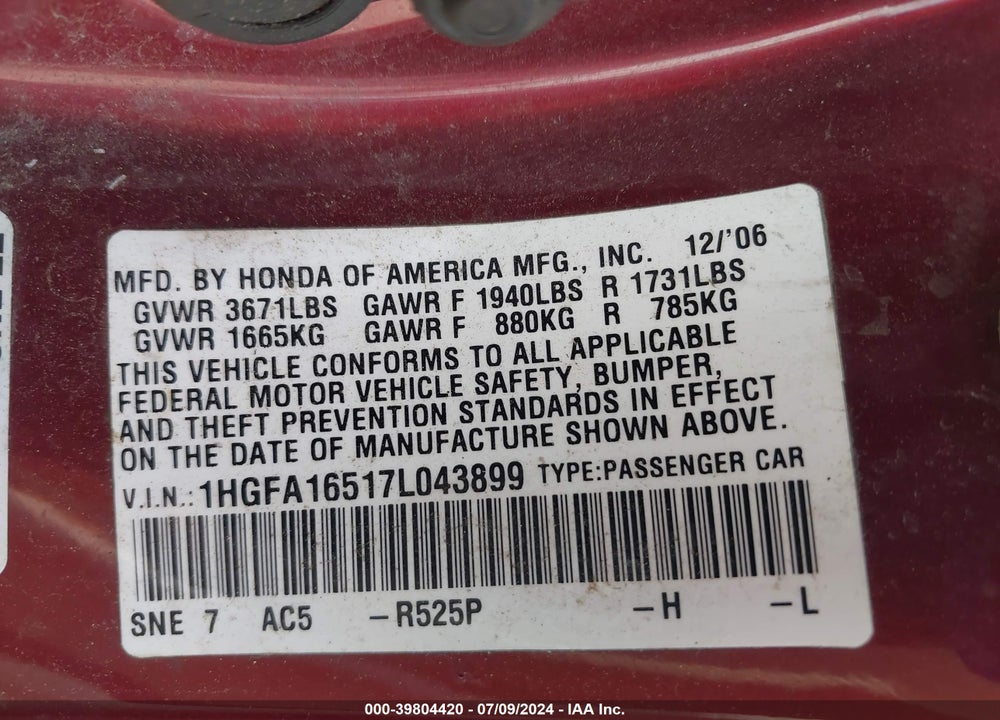 2007 HONDA CIVIC LX VIN: 1HGFA16517L043899