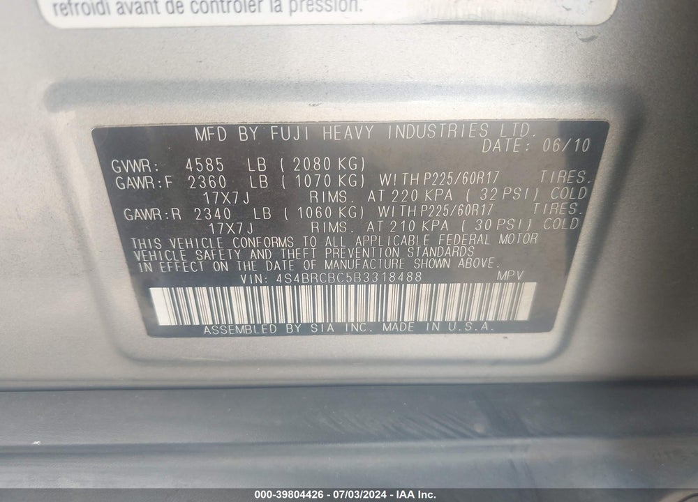 2011 SUBARU OUTBACK 2.5I PREMIUM VIN: 4S4BRCBC5B3318488