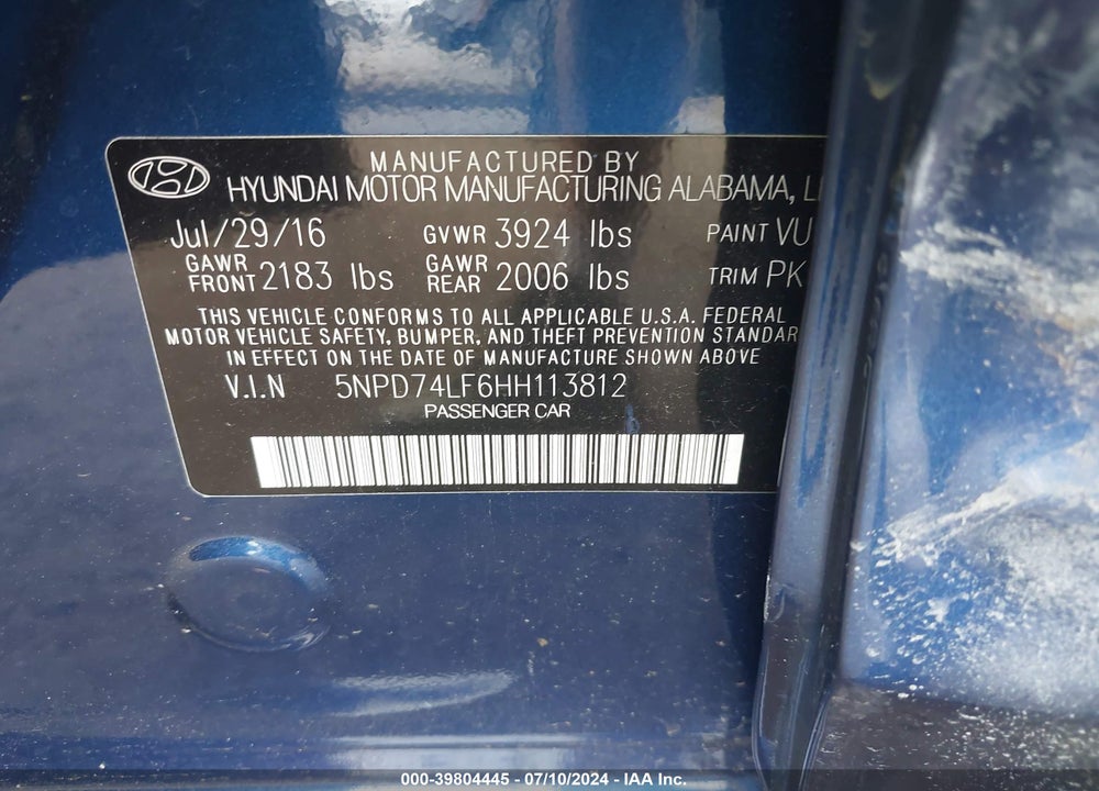 2017 HYUNDAI ELANTRA SE VIN: 5NPD74LF6HH113812