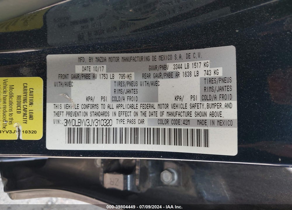 2018 TOYOTA YARIS IA VIN: 3MYDLBYV3JY310320