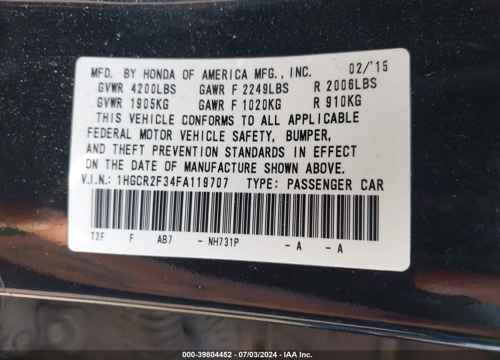 2015 HONDA ACCORD LX VIN: 1HGCR2F34FA119707
