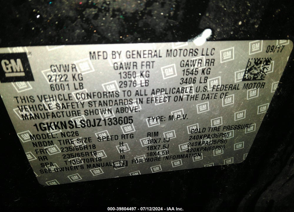 2018 GMC ACADIA SLE-2 VIN: 1GKKNSLS0JZ133605