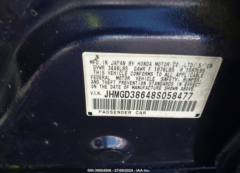 2008 HONDA FIT SPORT VIN: JHMGD38648S058477