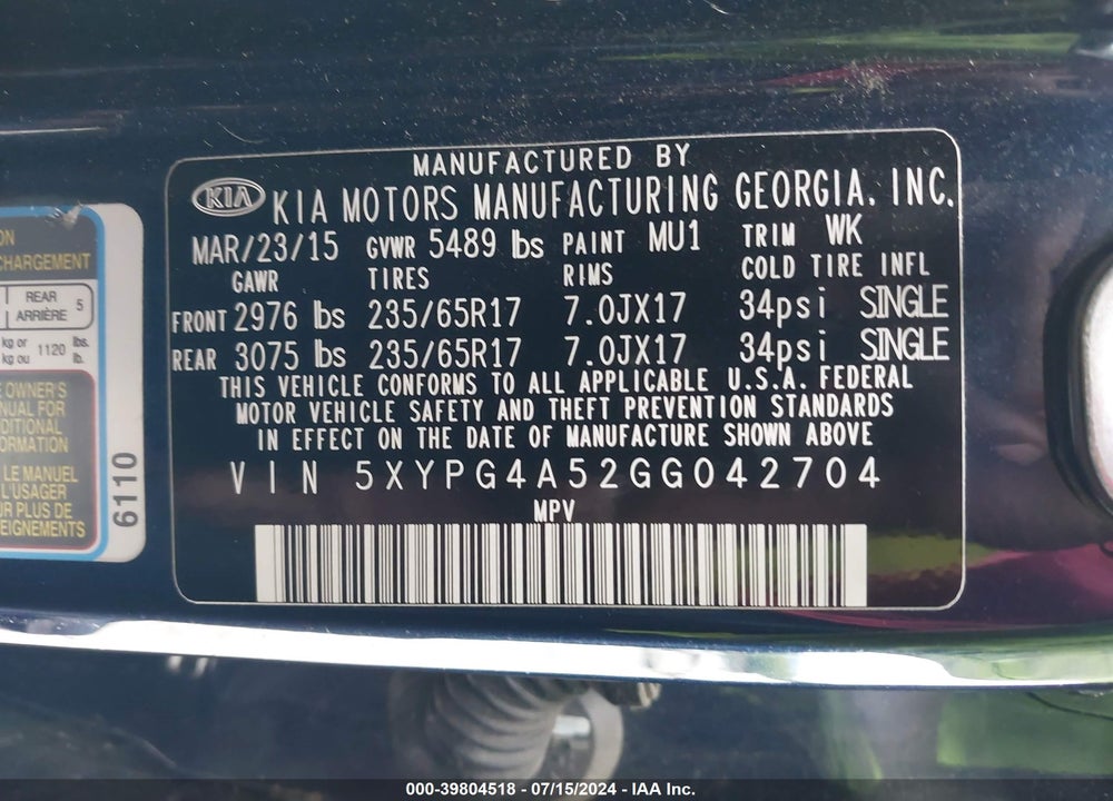 2016 KIA SORENTO 3.3L LX VIN: 5XYPG4A52GG042704