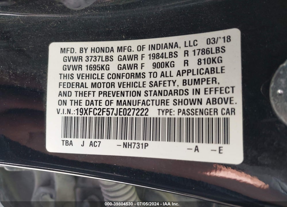 2018 HONDA CIVIC LX VIN: 19XFC2F57JE027222