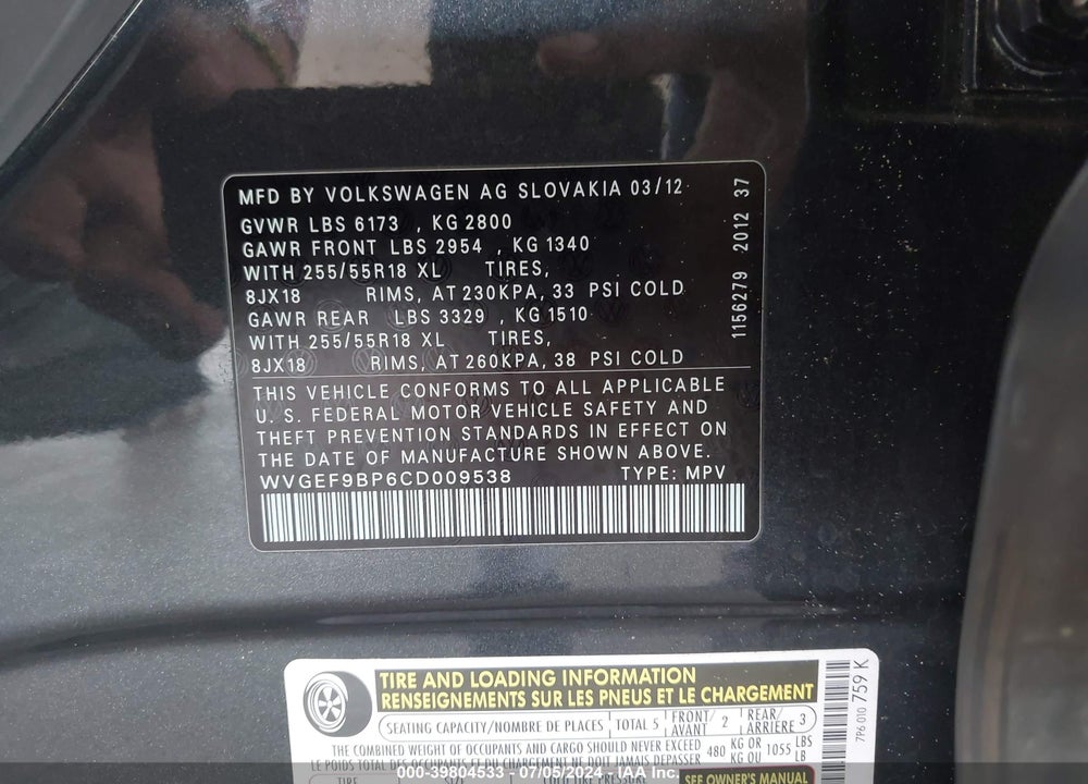 2012 VOLKSWAGEN TOUAREG VR6 SPORT VIN: WVGEF9BP6CD009538