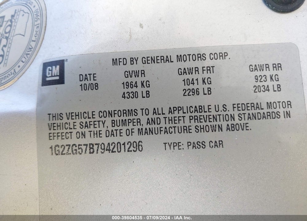 2009 PONTIAC G6 VIN: 1G2ZG57B794201296