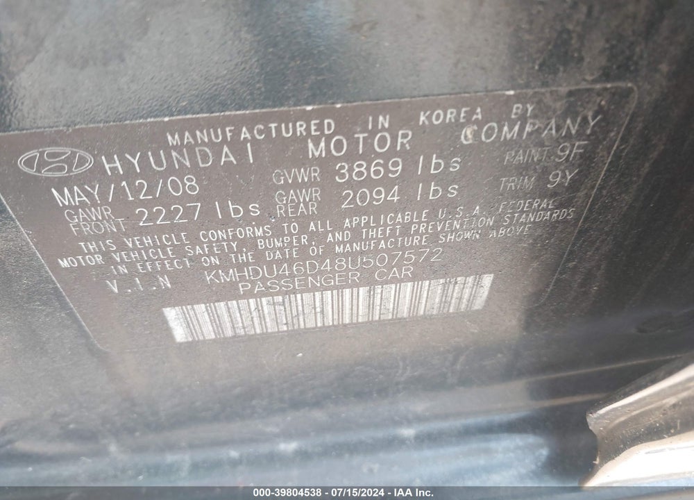 2008 HYUNDAI ELANTRA VIN: KMHDU46D48U507572