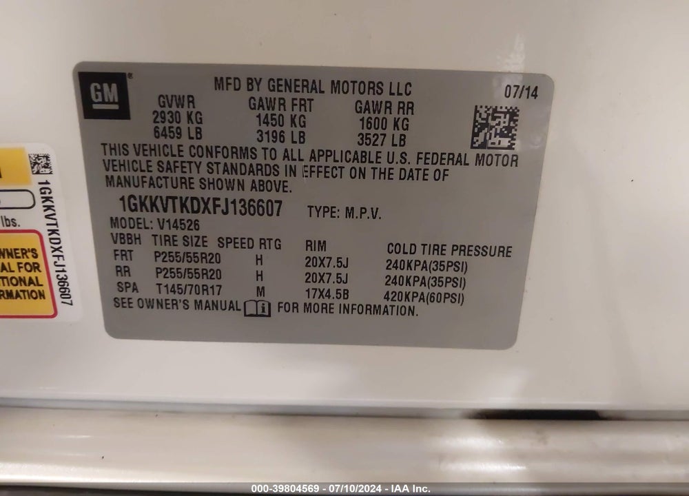 2015 GMC ACADIA DENALI VIN: 1GKKVTKDXFJ136607