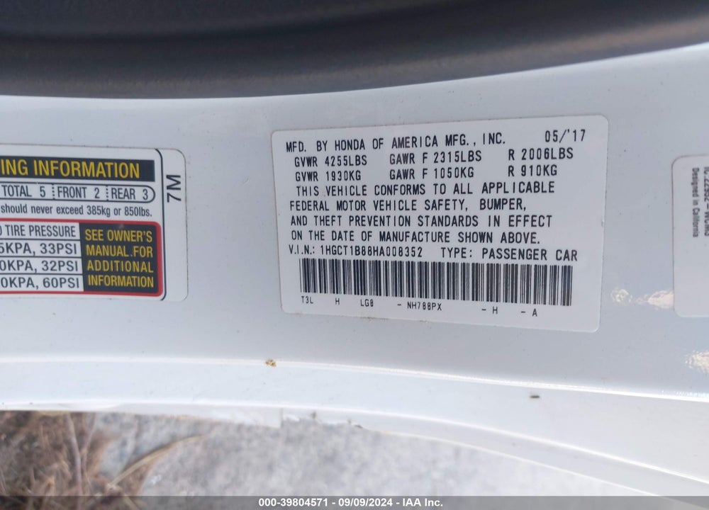 2017 HONDA ACCORD EX-L VIN: 1HGCT1B88HA008352