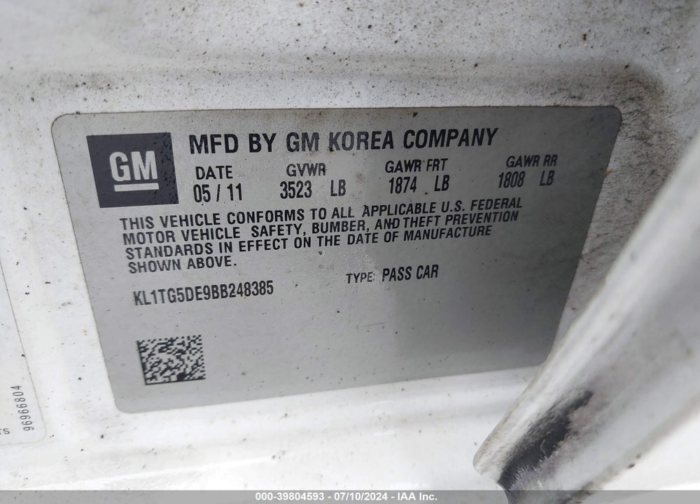 2011 CHEVROLET AVEO 2LT VIN: KL1TG5DE9BB248385