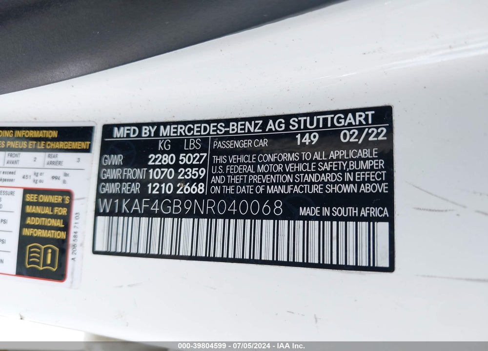 2022 MERCEDES-BENZ C 300 SEDAN VIN: W1KAF4GB9NR040068