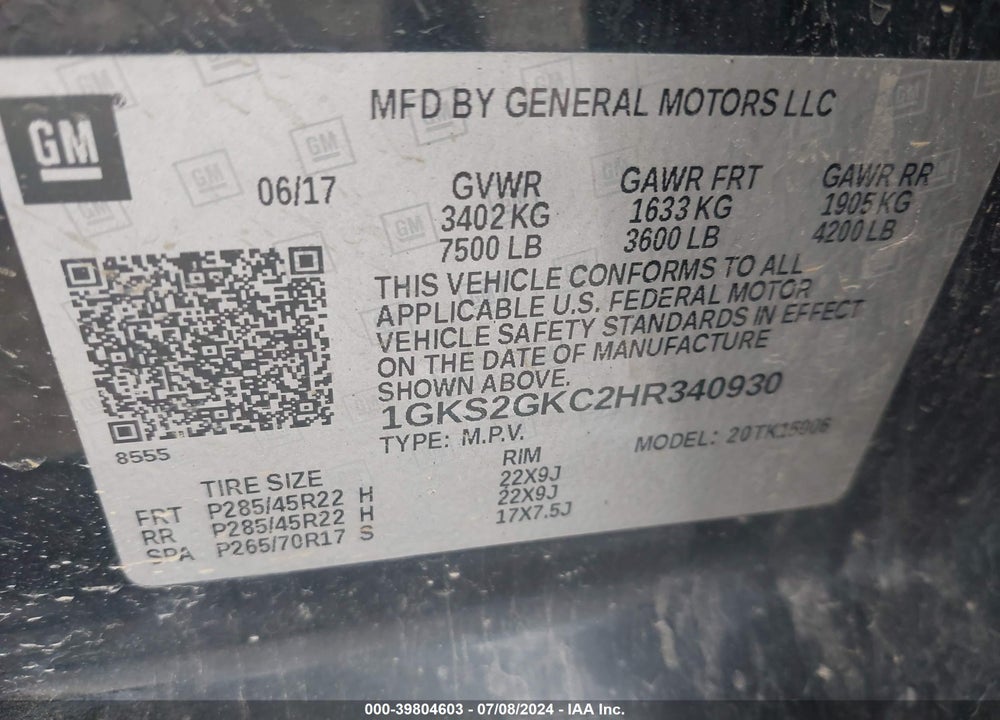 2017 GMC YUKON XL SLT VIN: 1GKS2GKC2HR340930
