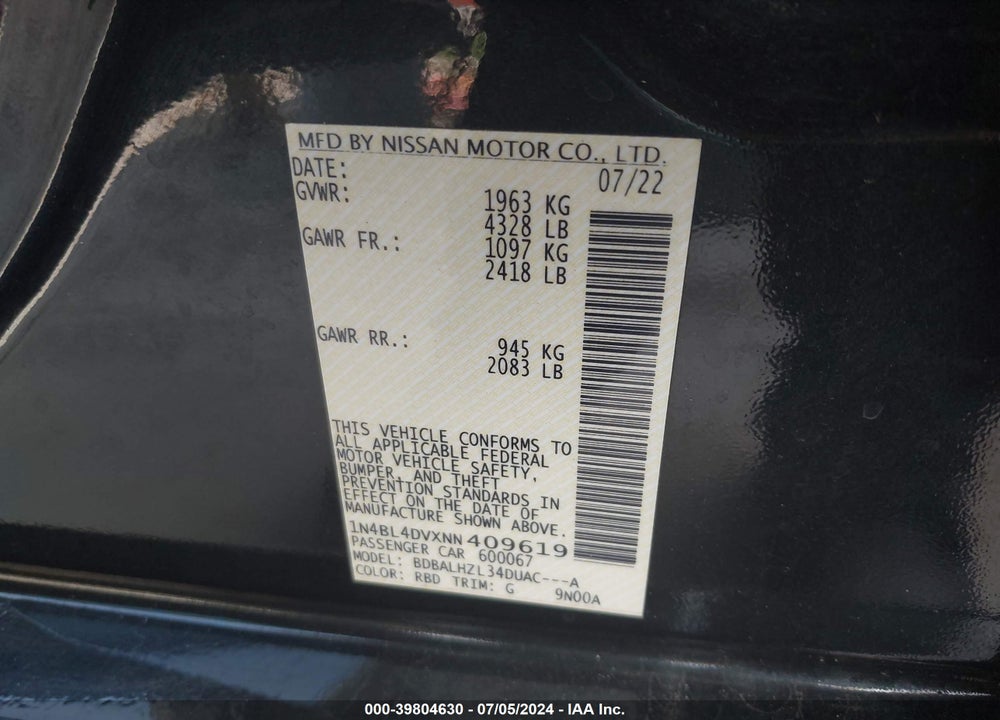 2022 NISSAN ALTIMA SV FWD VIN: 1N4BL4DVXNN409619