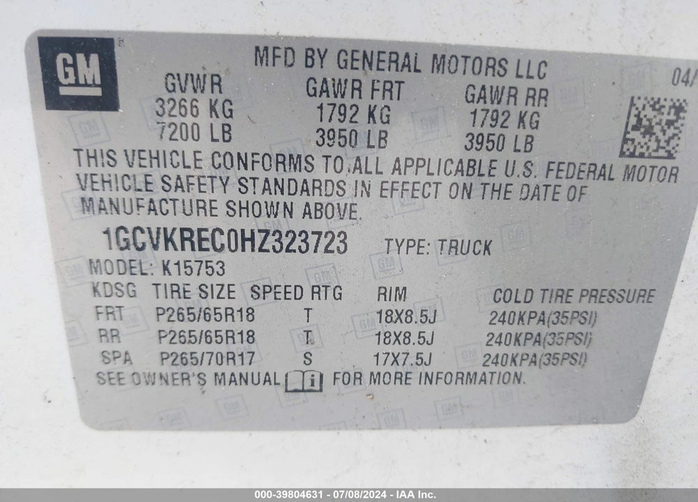 2017 CHEVROLET SILVERADO 1500 1LT VIN: 1GCVKREC0HZ323723