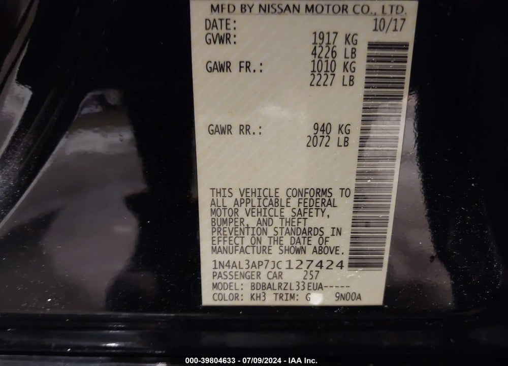 2018 NISSAN ALTIMA VIN: 1N4AL3AP7JC127424