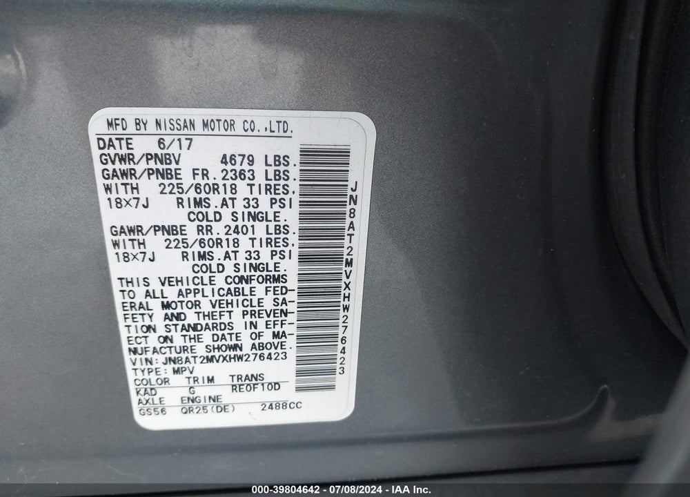 2017 NISSAN ROGUE SL VIN: JN8AT2MVXHW276423