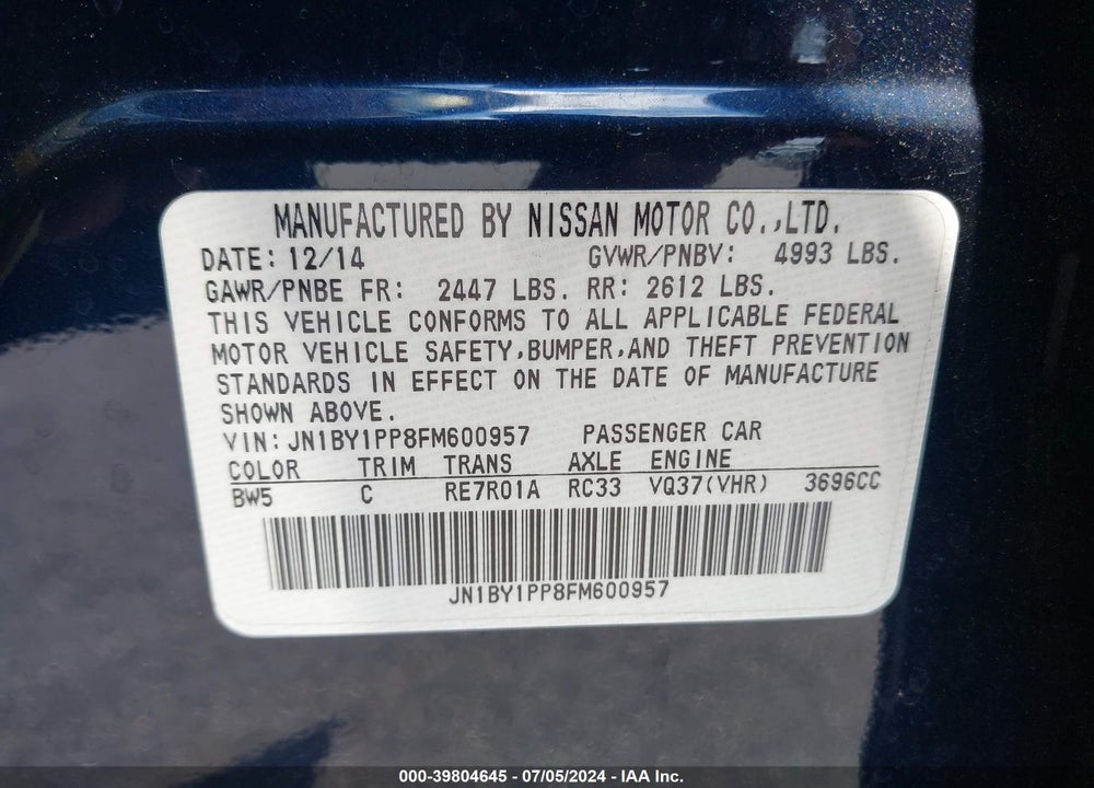 2015 INFINITI Q70L 3.7 VIN: JN1BY1PP8FM600957