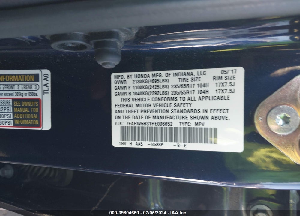 2017 HONDA CR-V LX VIN: 7FARW5H31HE006652