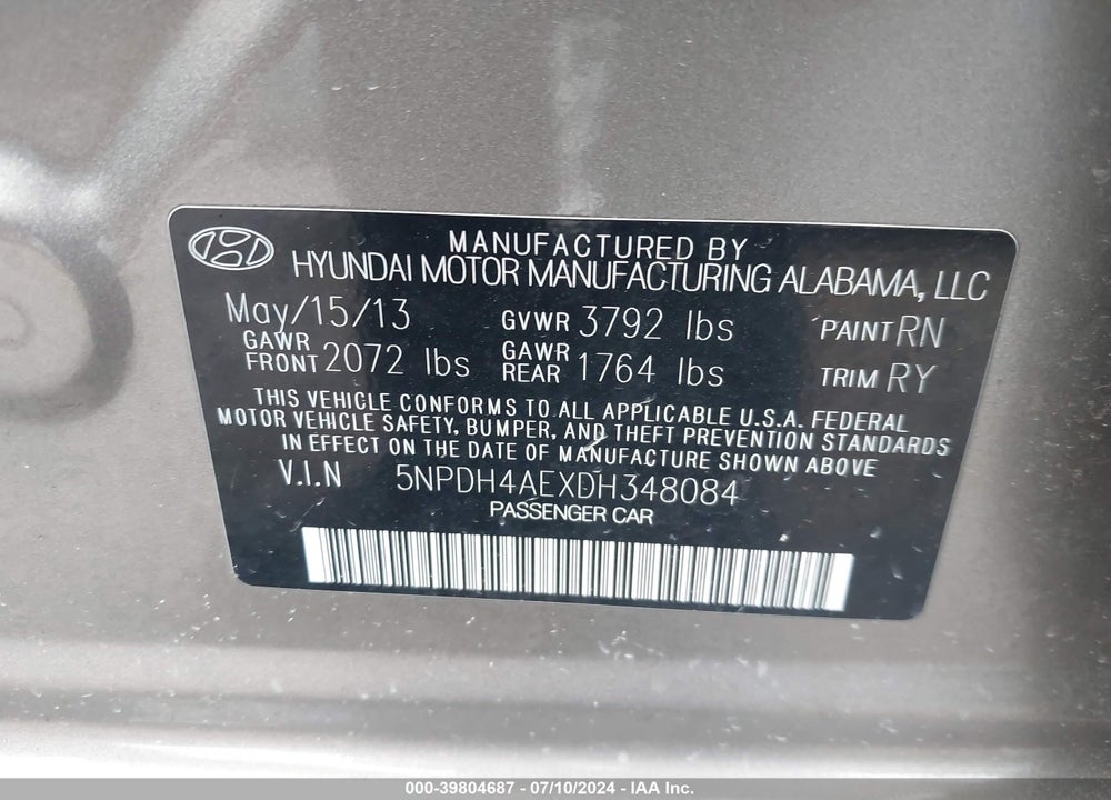 2013 HYUNDAI ELANTRA LIMITED VIN: 5NPDH4AEXDH348084