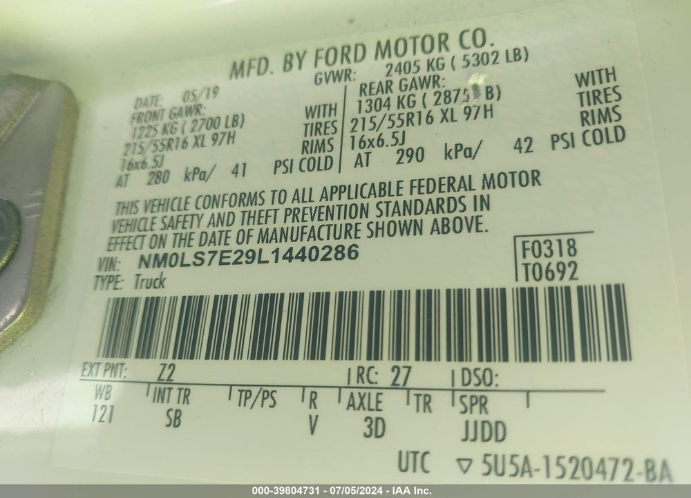 2020 FORD TRANSIT CONNECT XL VIN: NM0LS7E29L1440286