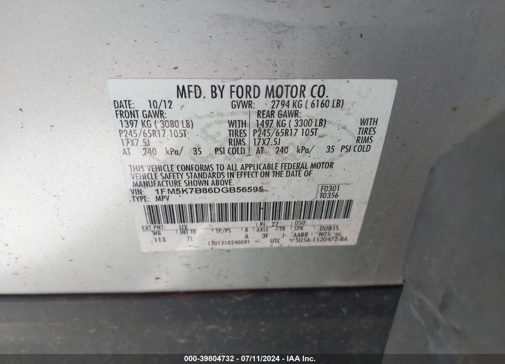2013 FORD EXPLORER VIN: 1FM5K7B86DGB56595
