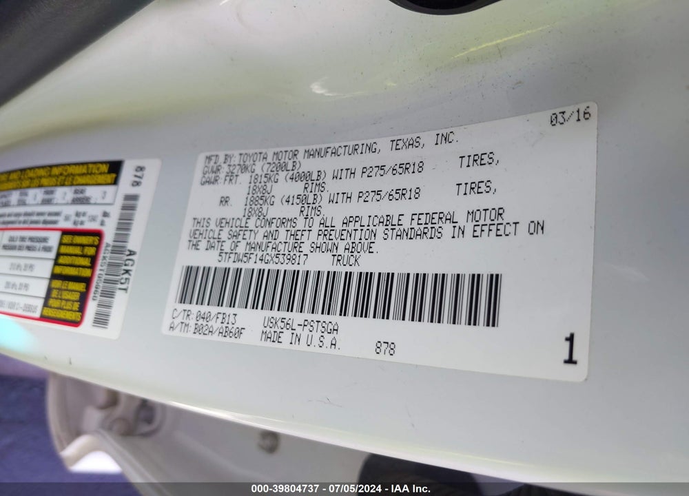 2016 TOYOTA TUNDRA SR5 5.7L V8 VIN: 5TFDW5F14GX539817