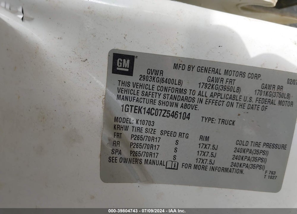 2007 GMC SIERRA 1500 WORK TRUCK VIN: 1GTEK14C07Z546104