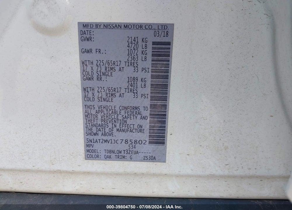 2018 NISSAN ROGUE SV VIN: 5N1AT2MV1JC785802
