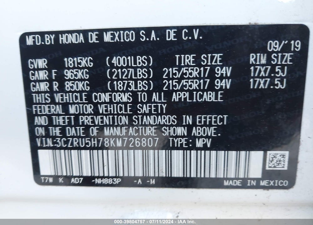 2019 HONDA HR-V EX-L VIN: 3CZRU5H78KM726807